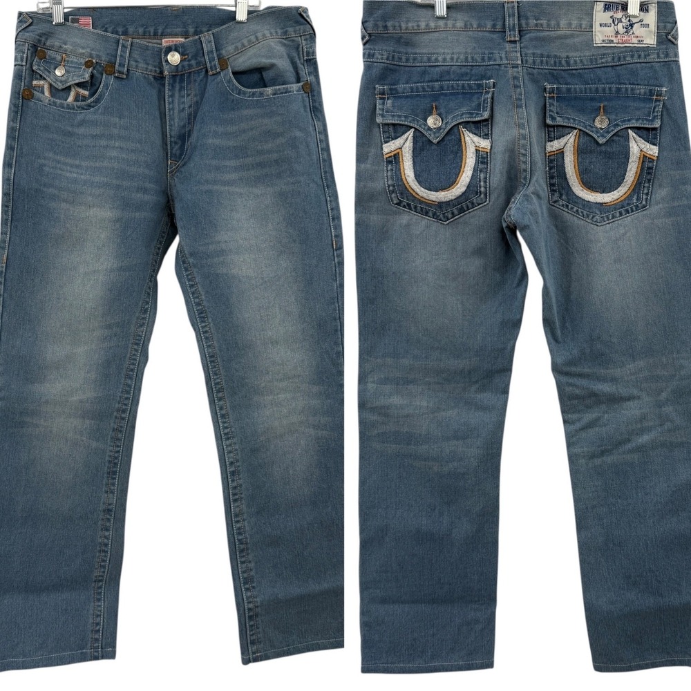 True Religion Brand Jeans Mens Size 36 Straight Leg Blue Denim Classic U Logo